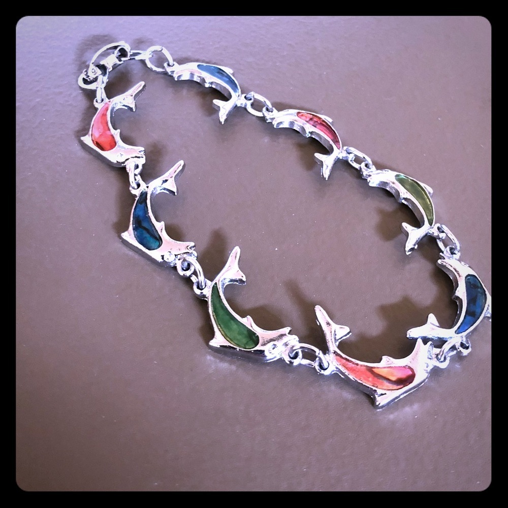 Silver Colorful Dolphin Link Bracelet | Nautical Ocean Beach Jewelry | Charm - Picture 2 of 3